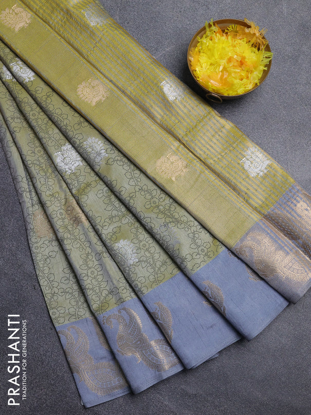 Semi raw silk saree elaichi green and grey with allover kalamkari prints & 1000 zari buttas and zari woven peacock butta border