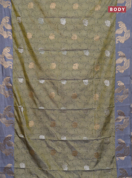 Semi raw silk saree elaichi green and grey with allover kalamkari prints & 1000 zari buttas and zari woven peacock butta border