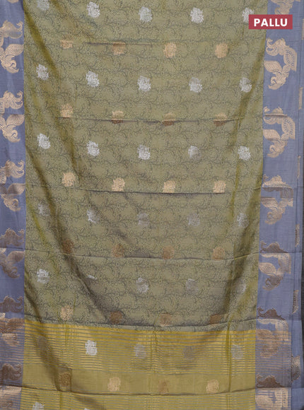 Semi raw silk saree elaichi green and grey with allover kalamkari prints & 1000 zari buttas and zari woven peacock butta border