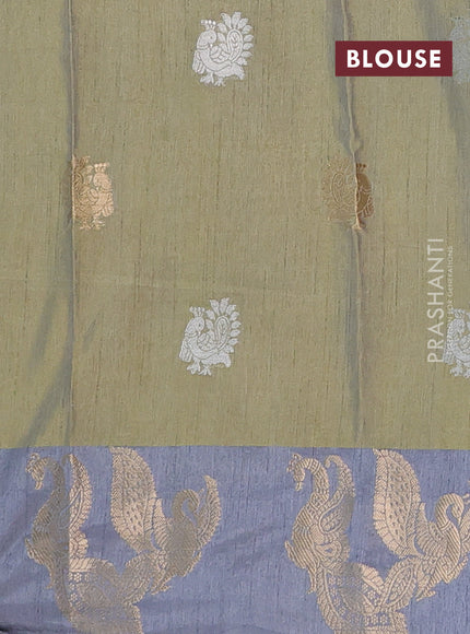Semi raw silk saree elaichi green and grey with allover kalamkari prints & 1000 zari buttas and zari woven peacock butta border