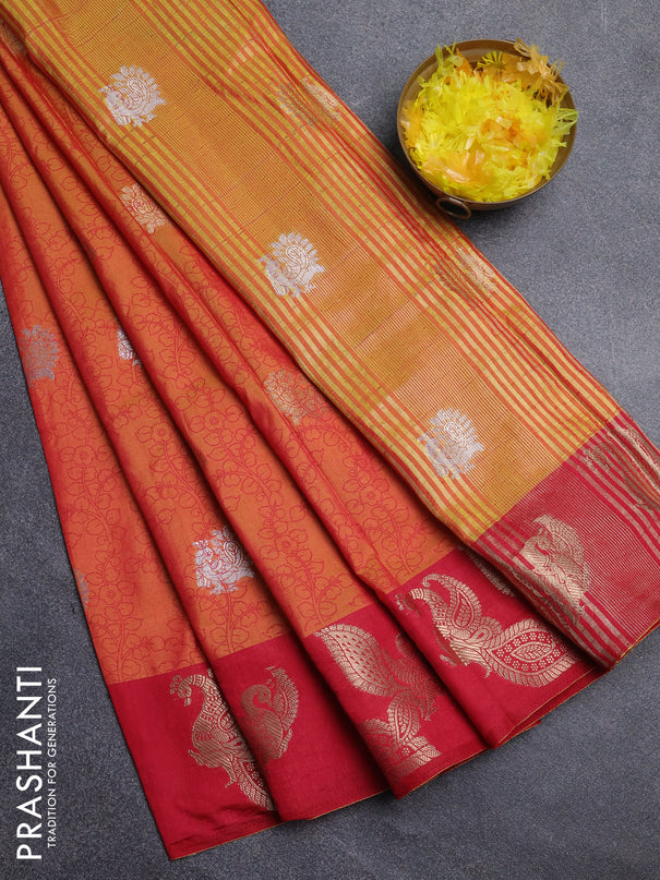 Semi raw silk saree dual shade of orange and red with allover kalamkari prints & 1000 zari buttas and zari woven peacock butta border