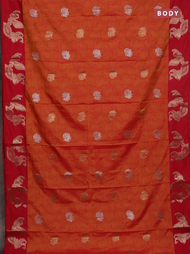 Semi raw silk saree dual shade of orange and red with allover kalamkari prints & 1000 zari buttas and zari woven peacock butta border