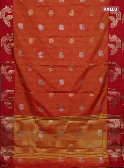 Semi raw silk saree dual shade of orange and red with allover kalamkari prints & 1000 zari buttas and zari woven peacock butta border