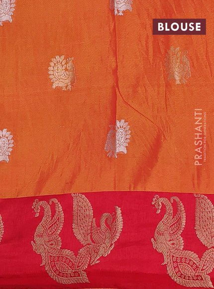 Semi raw silk saree dual shade of orange and red with allover kalamkari prints & 1000 zari buttas and zari woven peacock butta border
