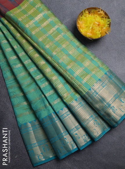 Semi raw silk saree dual shade of teal bluish red and teal greenish blue with allover half & half style and zari woven border