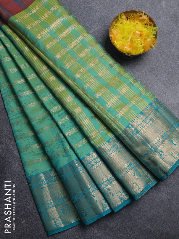 Semi raw silk saree dual shade of teal bluish red and teal greenish blue with allover half & half style and zari woven border