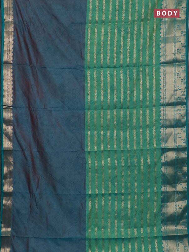 Semi raw silk saree dual shade of teal bluish red and teal greenish blue with allover half & half style and zari woven border