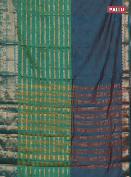 Semi raw silk saree dual shade of teal bluish red and teal greenish blue with allover half & half style and zari woven border