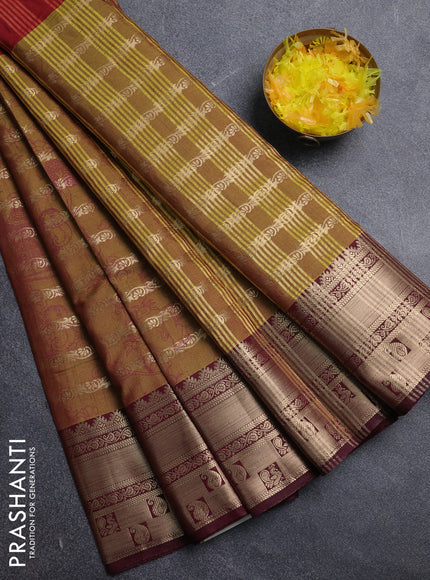 Semi raw silk saree maroon and mehendi green wine shade with allover half & half style and zari woven border