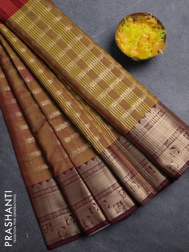 Semi raw silk saree maroon and mehendi green wine shade with allover half & half style and zari woven border