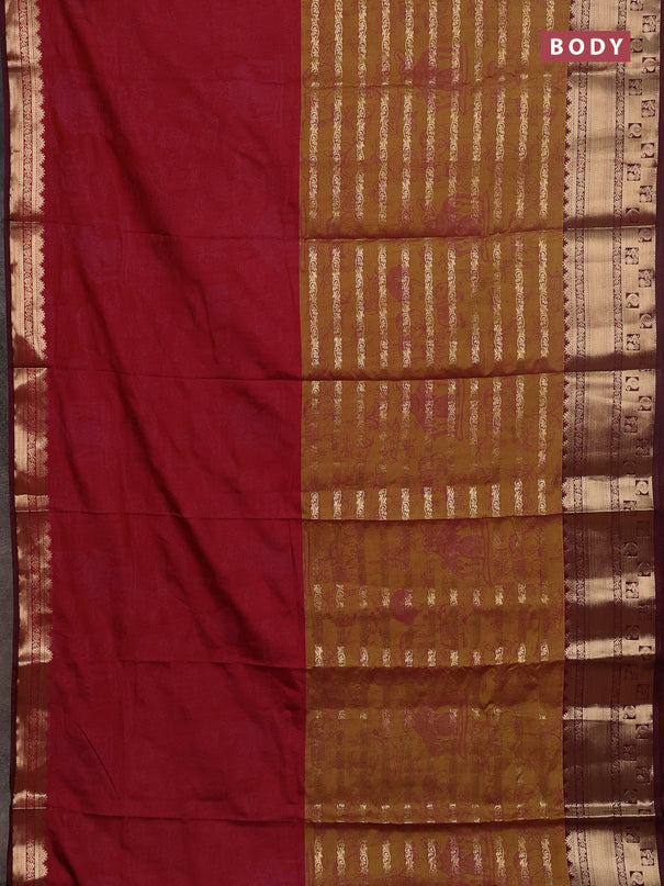 Semi raw silk saree maroon and mehendi green wine shade with allover half & half style and zari woven border