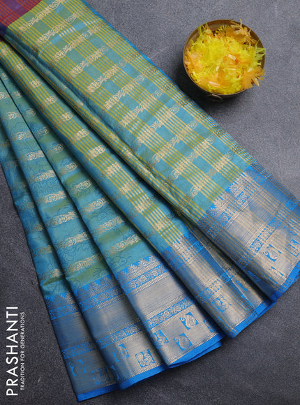 Semi raw silk saree dual shade of purple and dual shade of teal bluish green with allover half & half style and zari woven border
