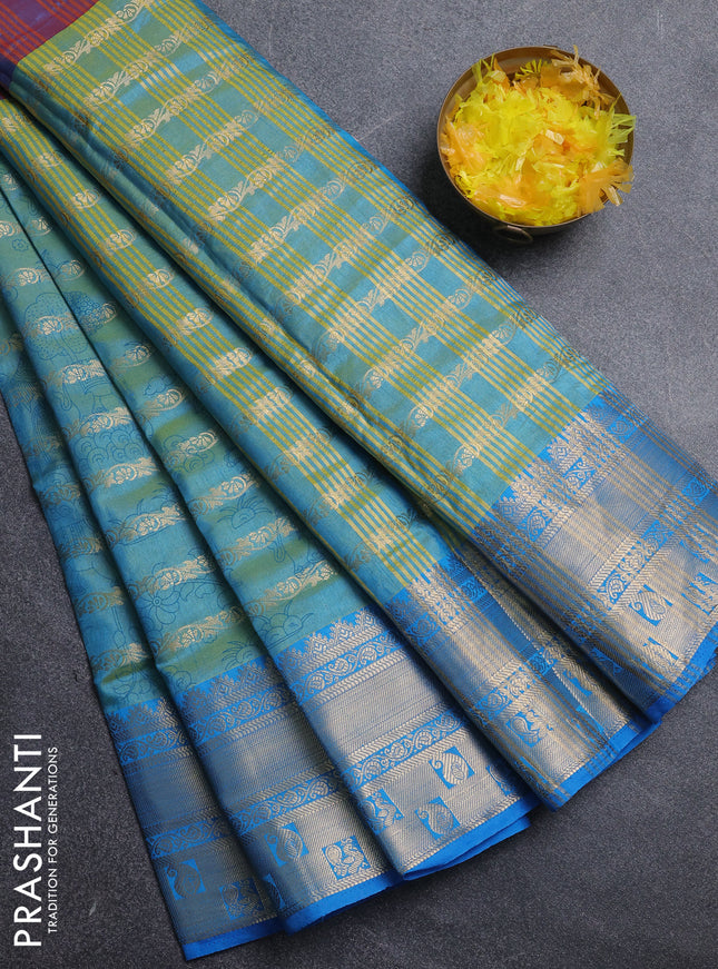 Semi raw silk saree dual shade of purple and dual shade of teal bluish green with allover half & half style and zari woven border