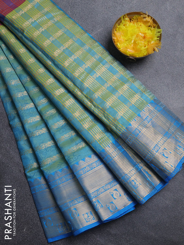 Semi raw silk saree dual shade of purple and dual shade of teal bluish green with allover half & half style and zari woven border