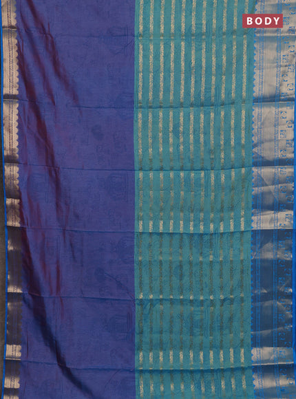 Semi raw silk saree dual shade of purple and dual shade of teal bluish green with allover half & half style and zari woven border