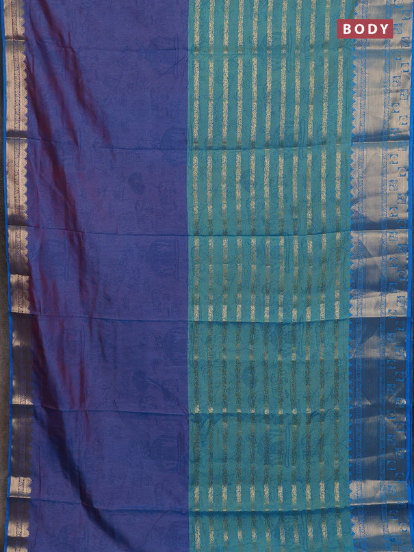 Semi raw silk saree dual shade of purple and dual shade of teal bluish green with allover half & half style and zari woven border