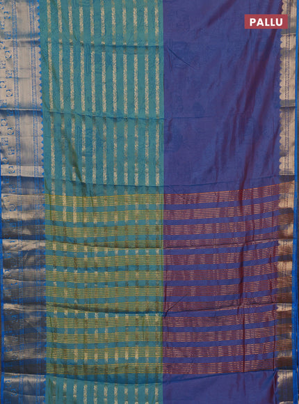 Semi raw silk saree dual shade of purple and dual shade of teal bluish green with allover half & half style and zari woven border