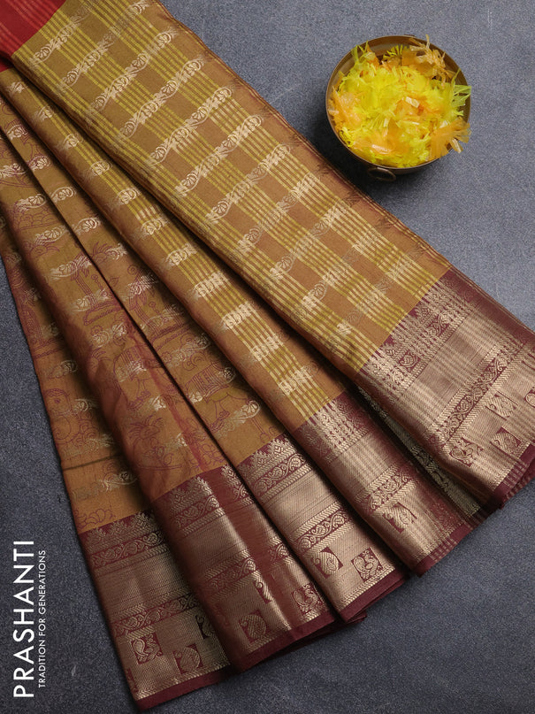 Semi raw silk saree rust shade and mustard green brown with allover half & half style and zari woven border