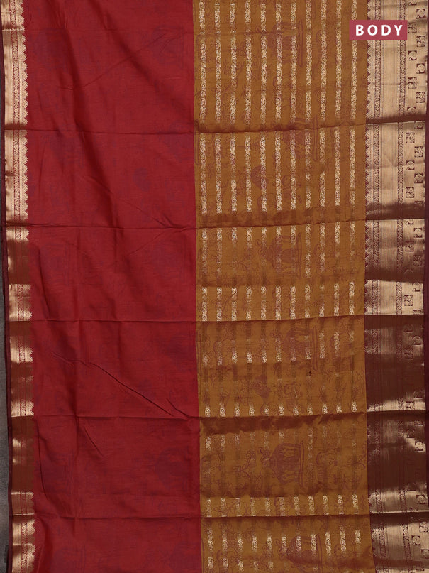 Semi raw silk saree rust shade and mustard green brown with allover half & half style and zari woven border