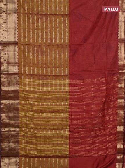 Semi raw silk saree rust shade and mustard green brown with allover half & half style and zari woven border