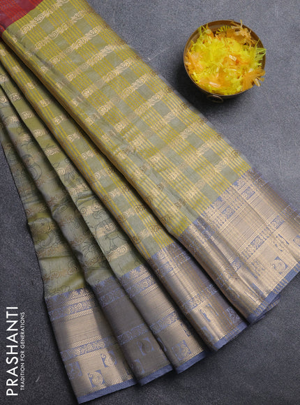 Semi raw silk saree dual shade of pastel maroon and light green grey with allover half & half style and zari woven border