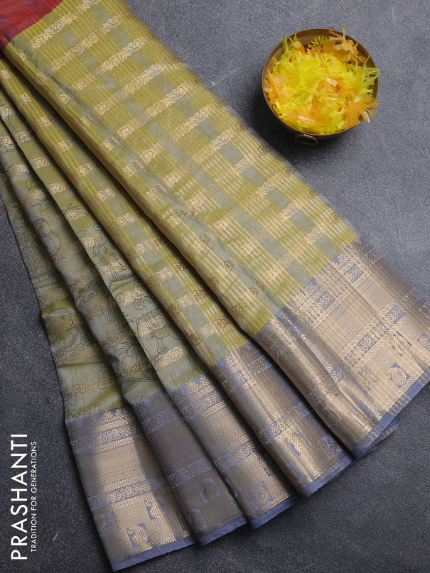 Semi raw silk saree dual shade of pastel maroon and light green grey with allover half & half style and zari woven border