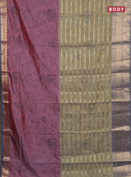 Semi raw silk saree dual shade of pastel maroon and light green grey with allover half & half style and zari woven border