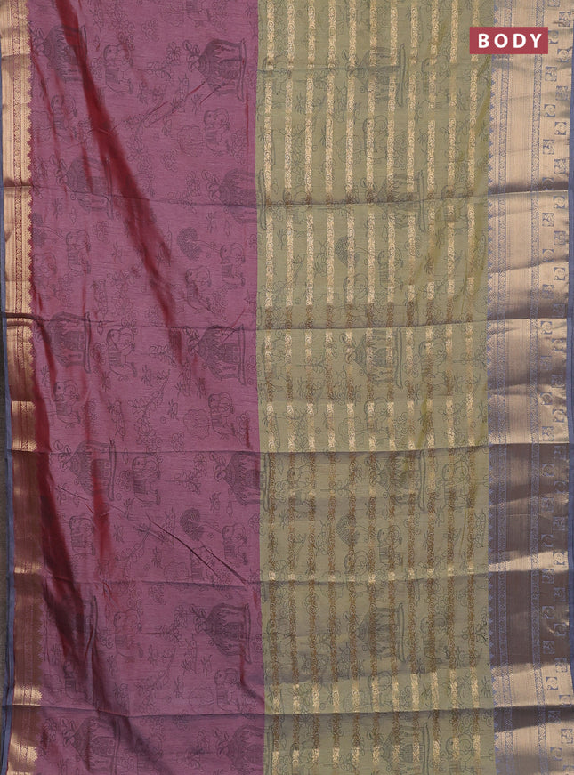 Semi raw silk saree dual shade of pastel maroon and light green grey with allover half & half style and zari woven border