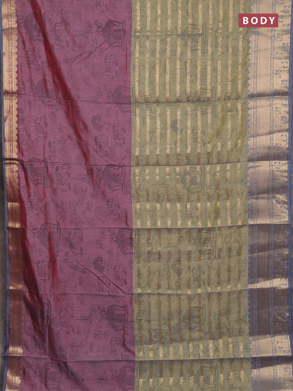 Semi raw silk saree dual shade of pastel maroon and light green grey with allover half & half style and zari woven border