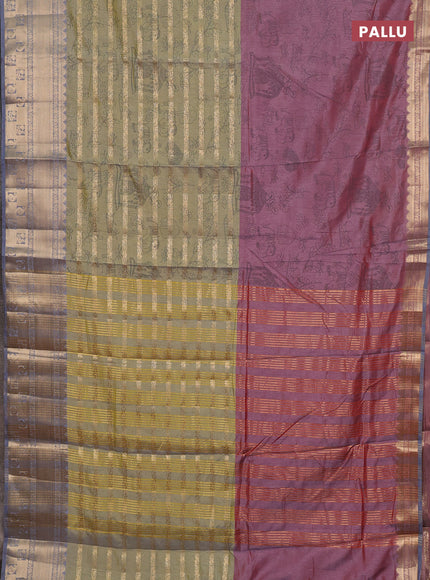 Semi raw silk saree dual shade of pastel maroon and light green grey with allover half & half style and zari woven border