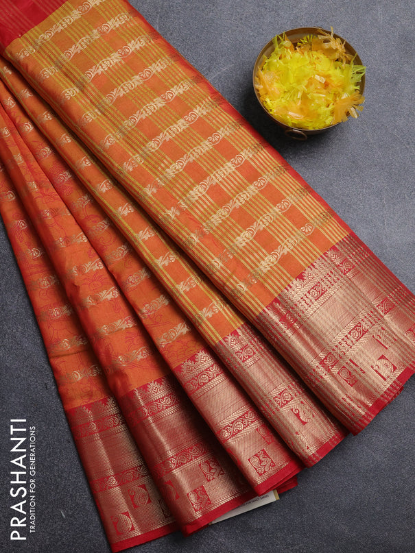 Semi raw silk saree red and dark mustard with allover half & half style and zari woven border