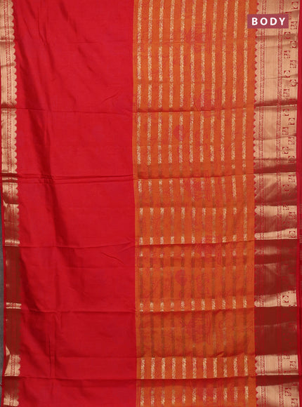 Semi raw silk saree red and dark mustard with allover half & half style and zari woven border
