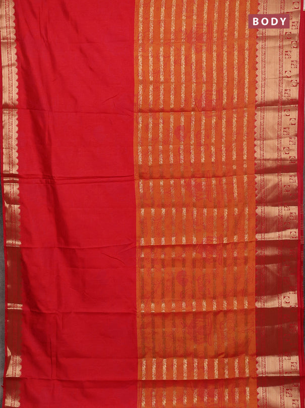 Semi raw silk saree red and dark mustard with allover half & half style and zari woven border