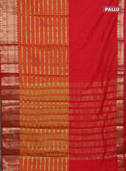 Semi raw silk saree red and dark mustard with allover half & half style and zari woven border