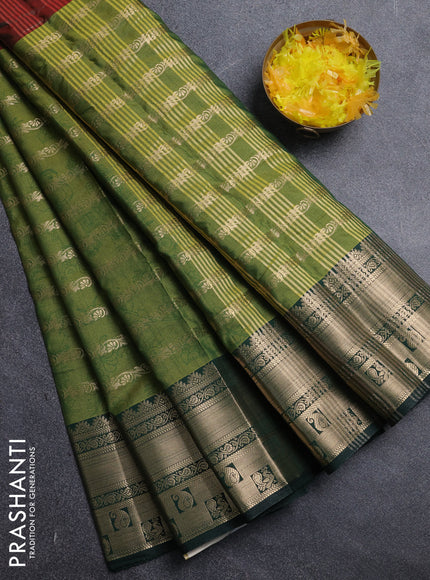 Semi raw silk saree dual shade of maroon and light green dark green with allover half & half style and zari woven border