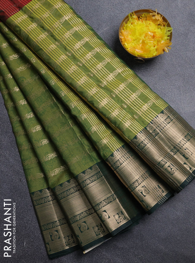 Semi raw silk saree dual shade of maroon and light green dark green with allover half & half style and zari woven border