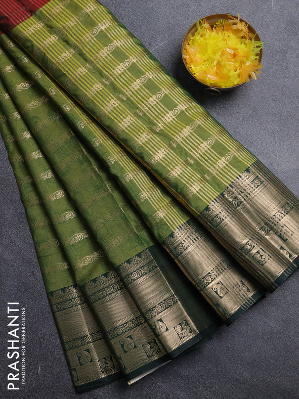 Semi raw silk saree dual shade of maroon and light green dark green with allover half & half style and zari woven border