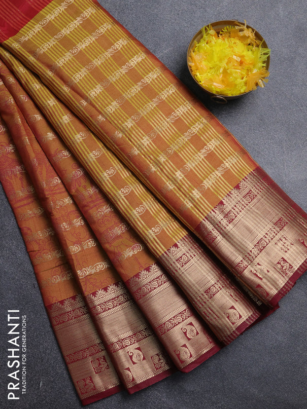 Semi raw silk saree maroon and dark mustard with allover half & half style and zari woven border