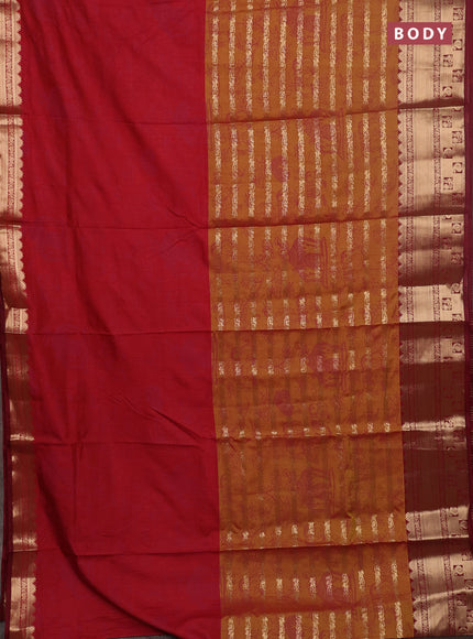 Semi raw silk saree maroon and dark mustard with allover half & half style and zari woven border