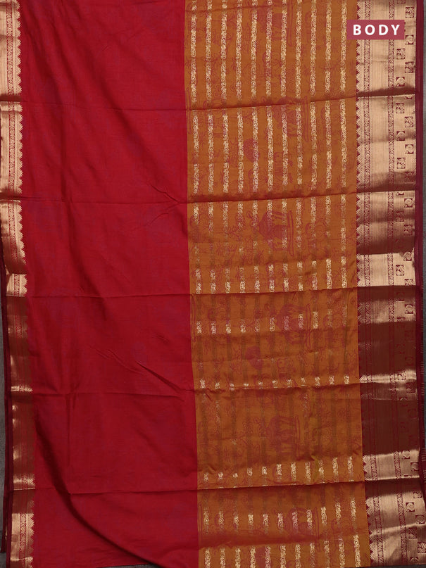 Semi raw silk saree maroon and dark mustard with allover half & half style and zari woven border