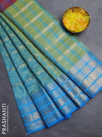 Semi raw silk saree dual shade of pastel maroon and teal bluish green with allover half & half style and zari woven border