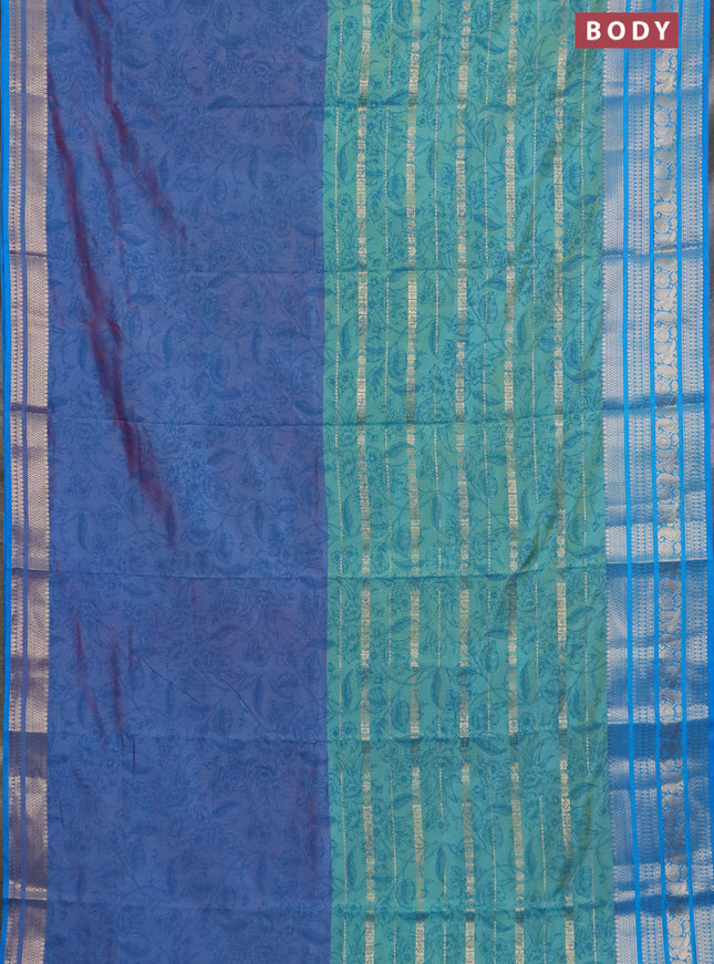 Semi raw silk saree dual shade of pastel maroon and teal bluish green with allover half & half style and zari woven border