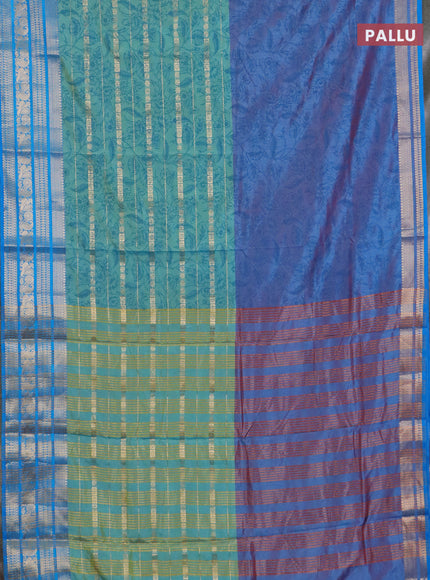 Semi raw silk saree dual shade of pastel maroon and teal bluish green with allover half & half style and zari woven border