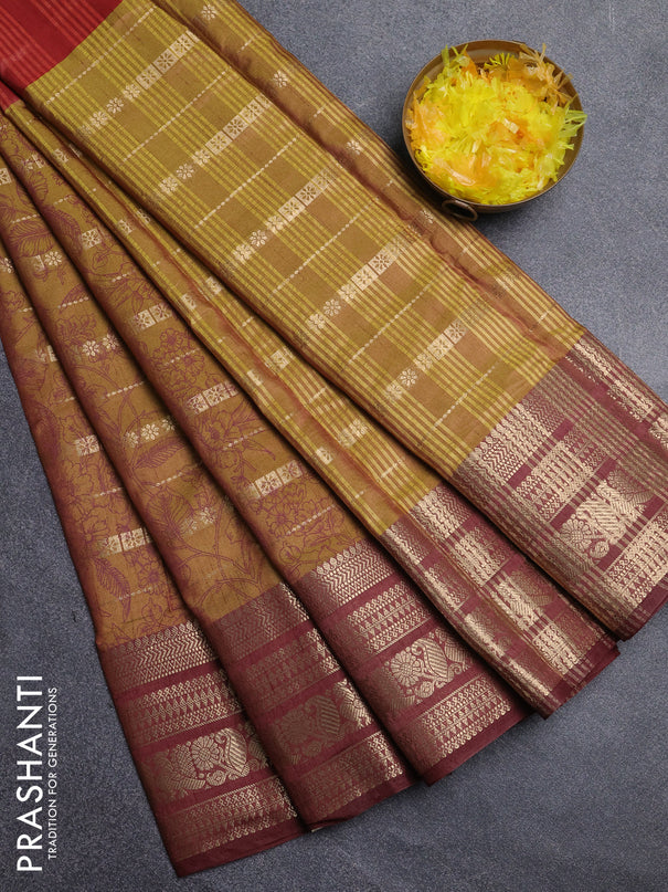 Semi raw silk saree maroon shade and mehendi green brown with allover half & half style and zari woven border