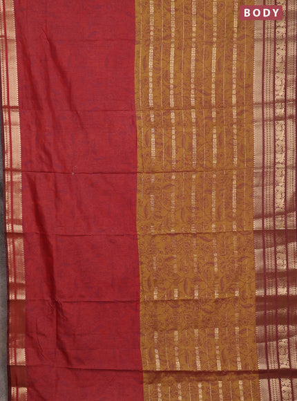 Semi raw silk saree maroon shade and mehendi green brown with allover half & half style and zari woven border