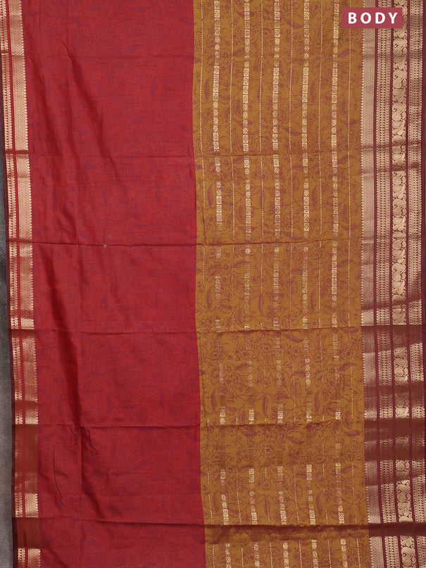 Semi raw silk saree maroon shade and mehendi green brown with allover half & half style and zari woven border