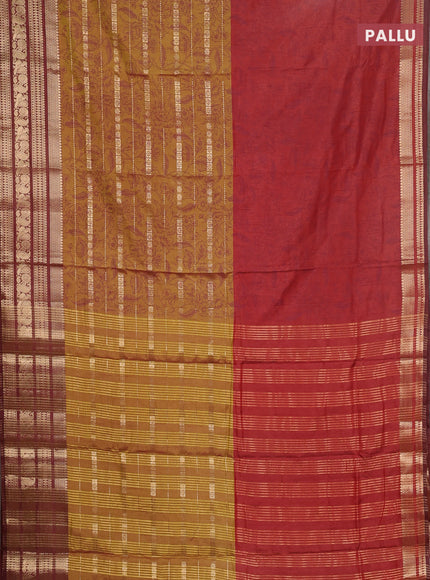 Semi raw silk saree maroon shade and mehendi green brown with allover half & half style and zari woven border