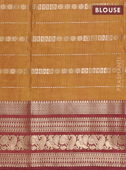 Semi raw silk saree maroon shade and mehendi green brown with allover half & half style and zari woven border