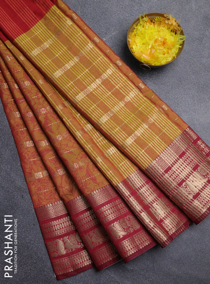 Semi raw silk saree red and dark mustard maroon with allover half & half style and zari woven border