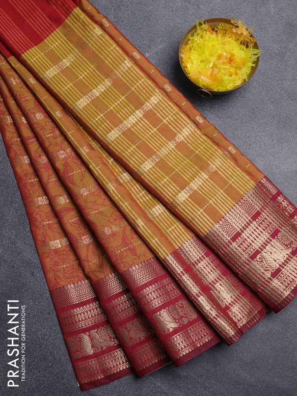 Semi raw silk saree red and dark mustard maroon with allover half & half style and zari woven border